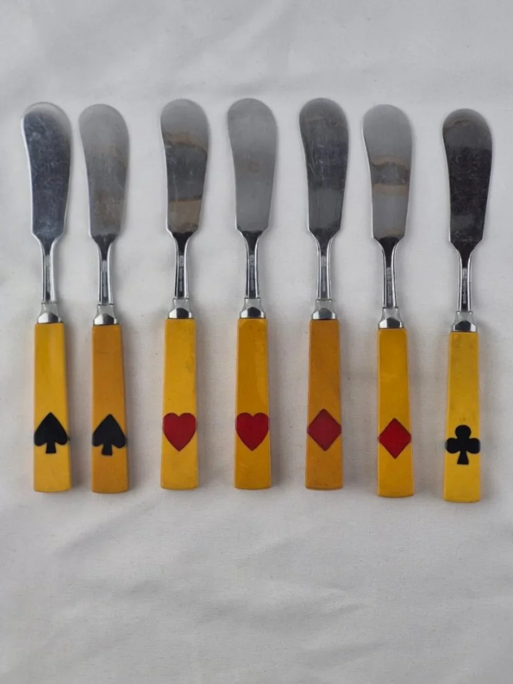 Art Deco Bakelite Flatware Inlaid Playing Card Suits 3 forks, 7 knives 7 spoons